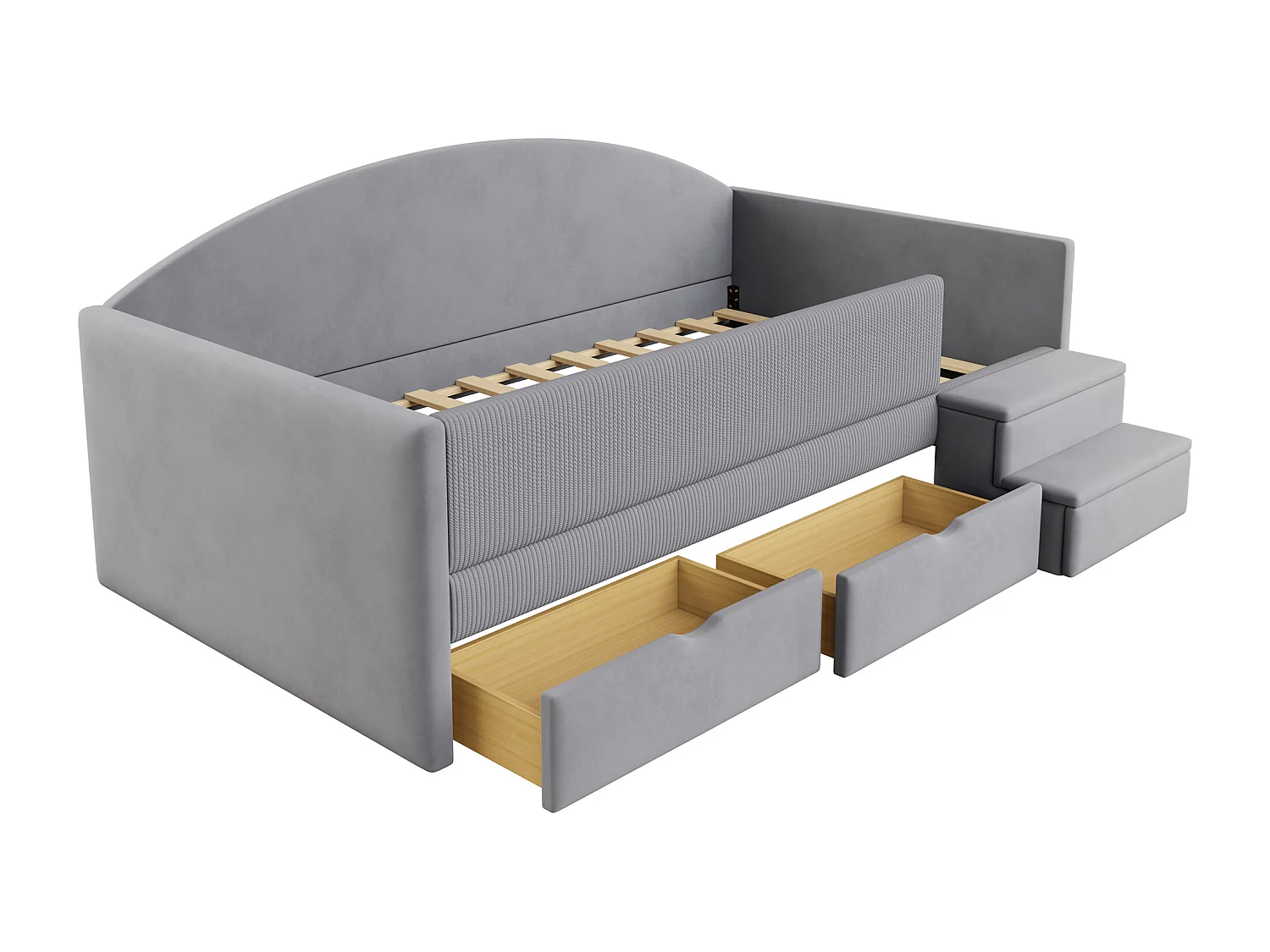 Gepolstertes Schlafsofa - 90 x 190 cm - mit 2 Schubladen + Schienen + Stufen - Samt - Hellgrau