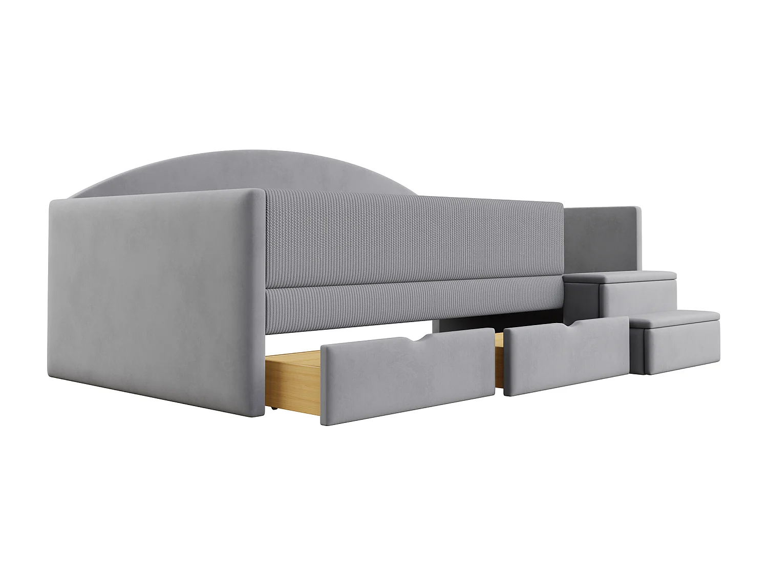 Gepolstertes Schlafsofa - 90 x 190 cm - mit 2 Schubladen + Schienen + Stufen - Samt - Hellgrau