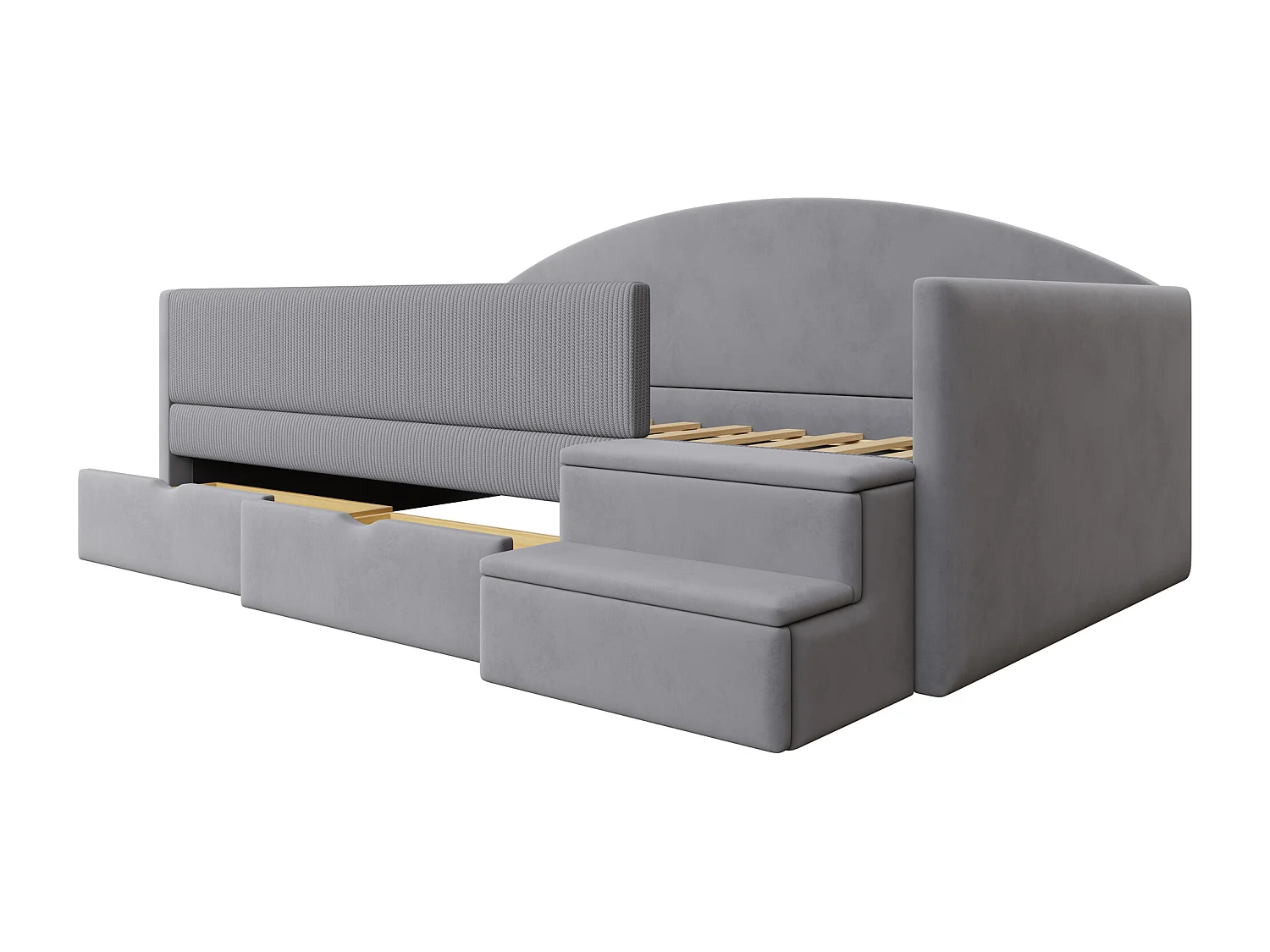 Gepolstertes Schlafsofa - 90 x 190 cm - mit 2 Schubladen + Schienen + Stufen - Samt - Hellgrau