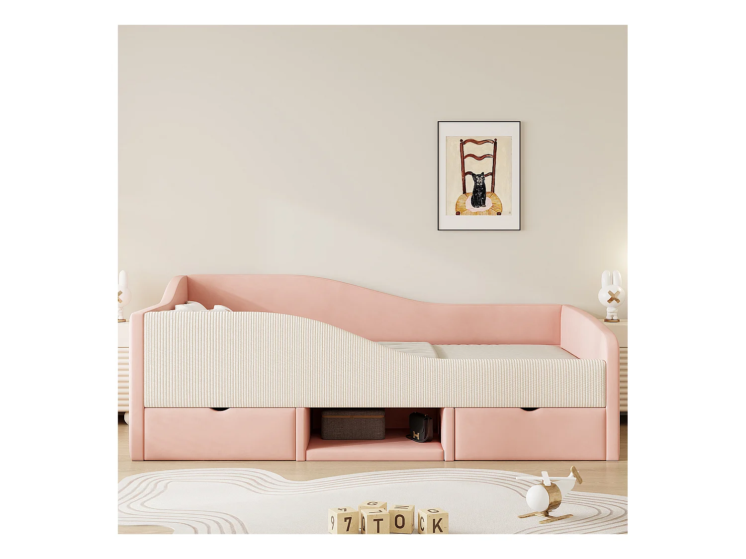 Sofa tapicerowana z funkcją spania - 90 x 190 cm - z 2 szufladami i drążkami - welur - róż + kremowa biel