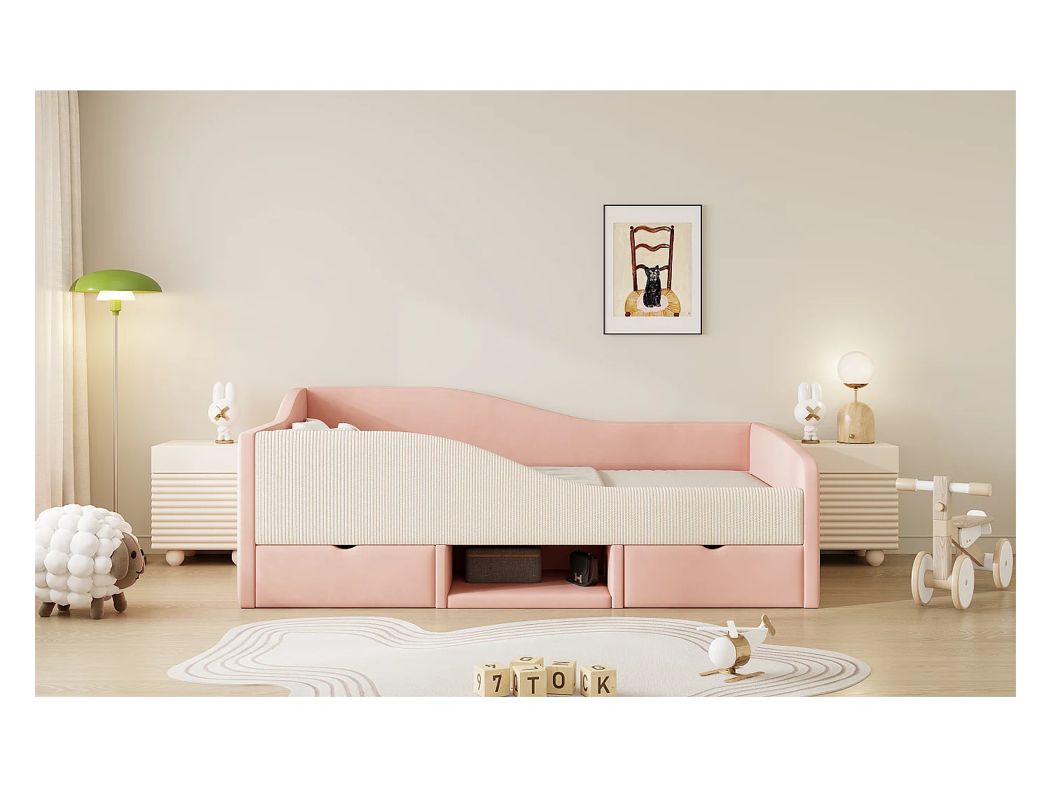 Sofa tapicerowana z funkcją spania - 90 x 190 cm - z 2 szufladami i drążkami - welur - róż + kremowa biel