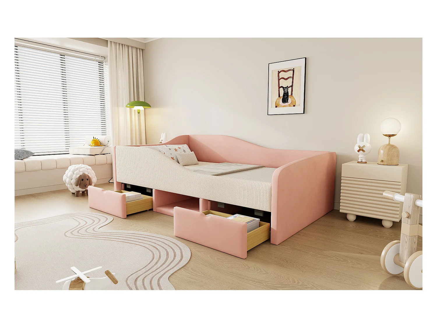 Sofa tapicerowana z funkcją spania - 90 x 190 cm - z 2 szufladami i drążkami - welur - róż + kremowa biel