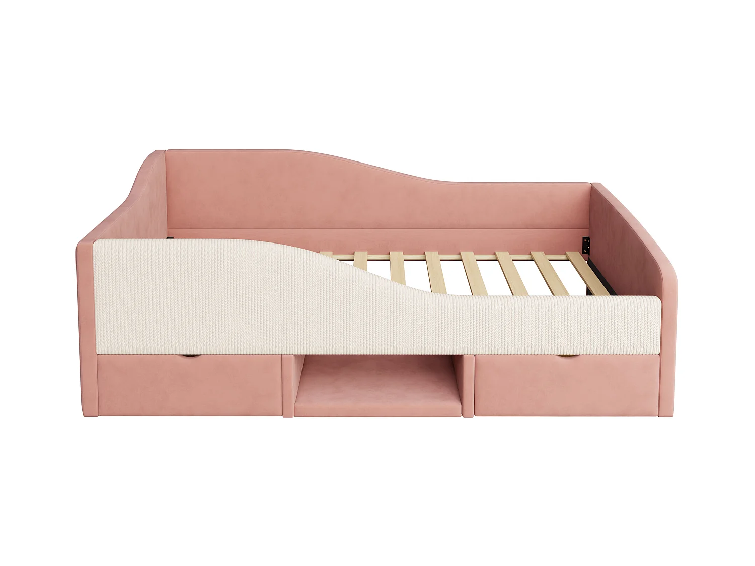 Sofa tapicerowana z funkcją spania - 90 x 190 cm - z 2 szufladami i drążkami - welur - róż + kremowa biel