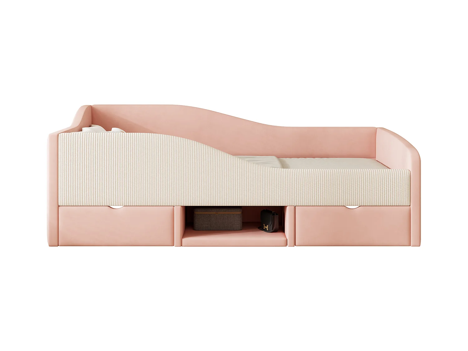 Sofa tapicerowana z funkcją spania - 90 x 190 cm - z 2 szufladami i drążkami - welur - róż + kremowa biel