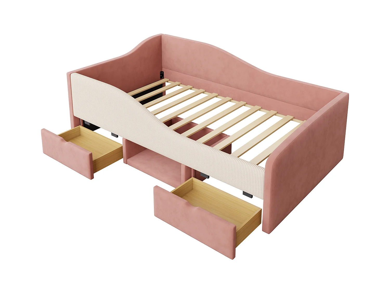 Sofa tapicerowana z funkcją spania - 90 x 190 cm - z 2 szufladami i drążkami - welur - róż + kremowa biel