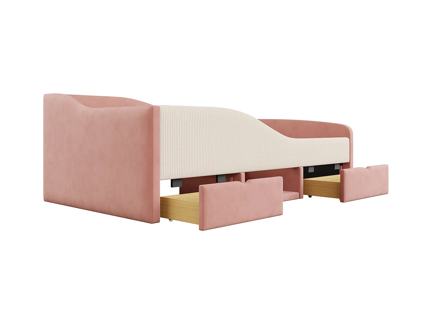 Sofa tapicerowana z funkcją spania - 90 x 190 cm - z 2 szufladami i drążkami - welur - róż + kremowa biel