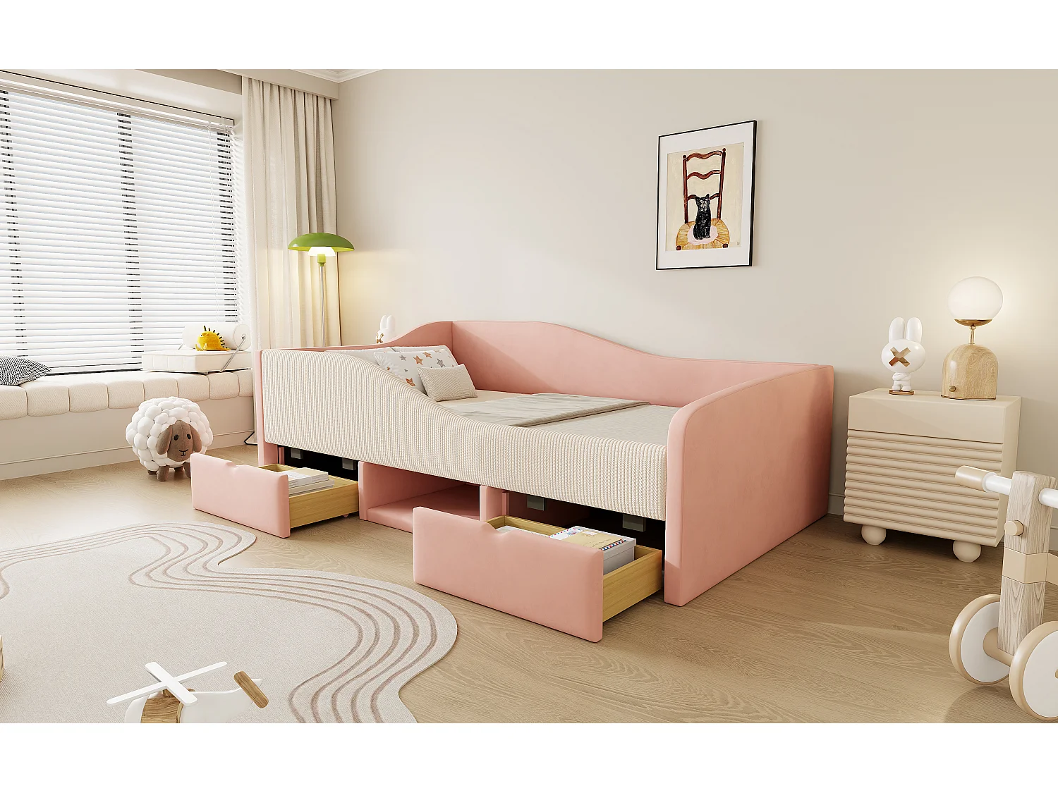 Gepolstertes Schlafsofa - 90 x 190 cm - mit 2 Schubladen und Schienen - Samt - Rosa + Cremeweiß