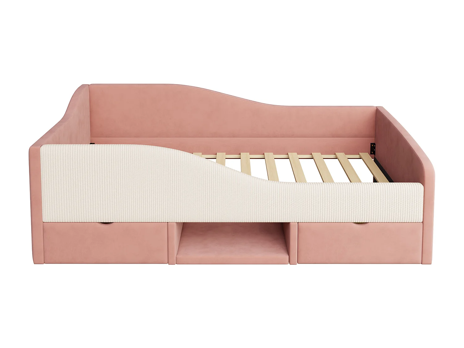 Gepolstertes Schlafsofa - 90 x 190 cm - mit 2 Schubladen und Schienen - Samt - Rosa + Cremeweiß