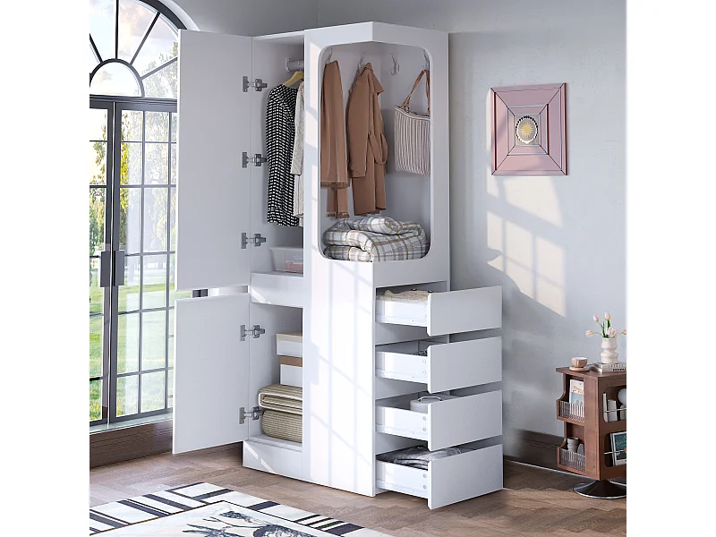 Kleiderschrank - 70 x 40 x 170 cm - mit 4 Schubladen + 2 Türen + offenem Kleiderfach - Holz - weiß