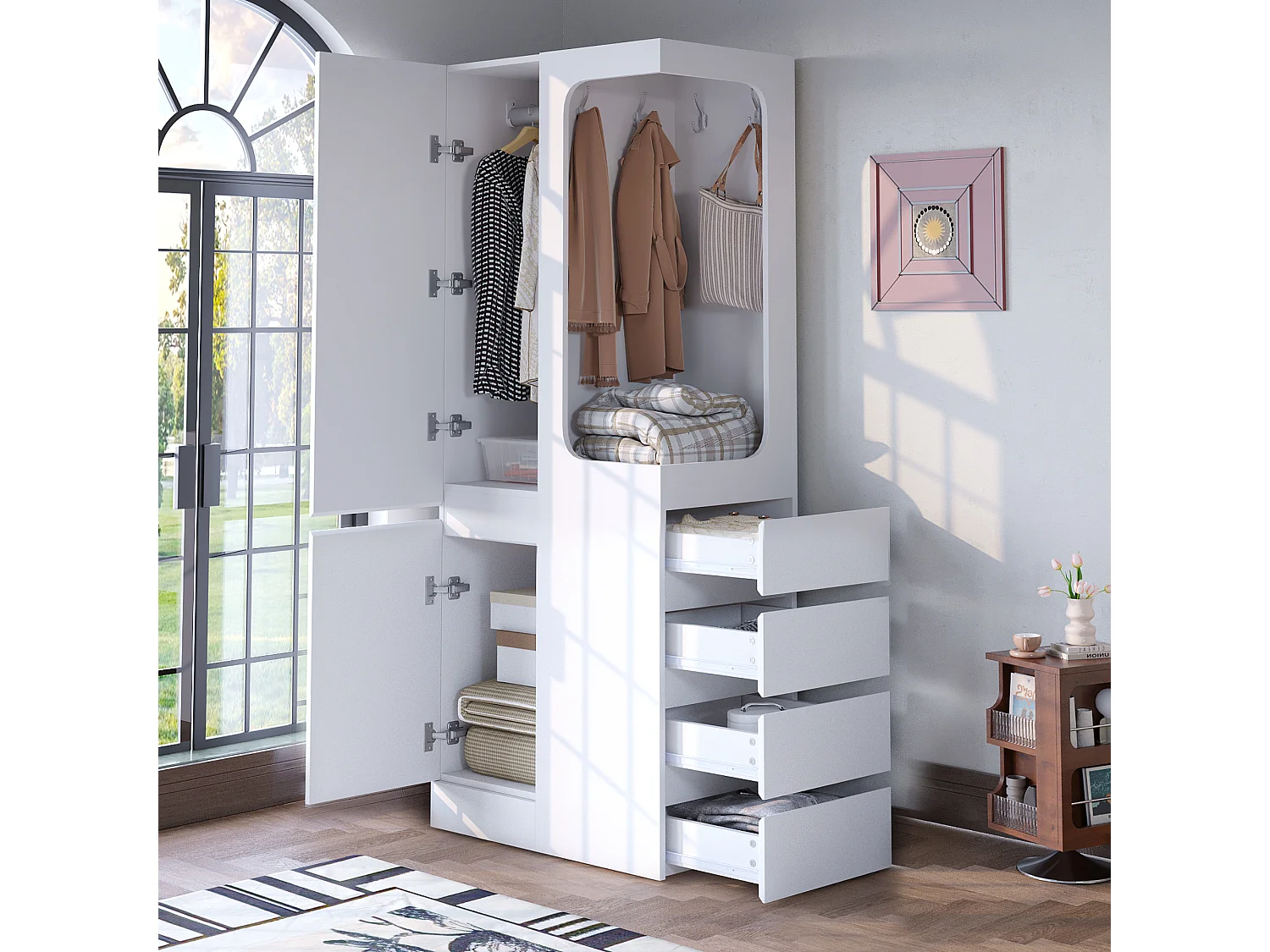 Kleiderschrank - 70 x 40 x 170 cm - mit 4 Schubladen + 2 Türen + offenem Kleiderfach - Holz - weiß