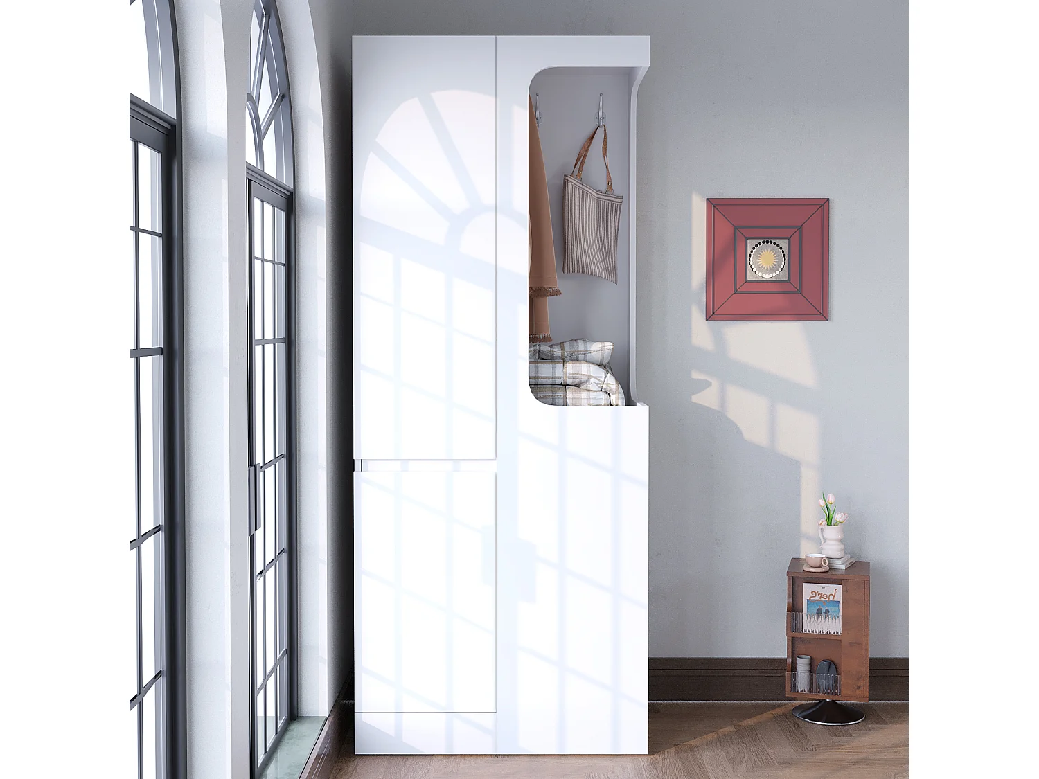 Kleiderschrank - 70 x 40 x 170 cm - mit 4 Schubladen + 2 Türen + offenem Kleiderfach - Holz - weiß