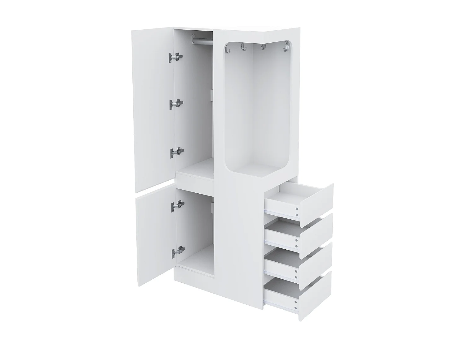 Kleiderschrank - 70 x 40 x 170 cm - mit 4 Schubladen + 2 Türen + offenem Kleiderfach - Holz - weiß