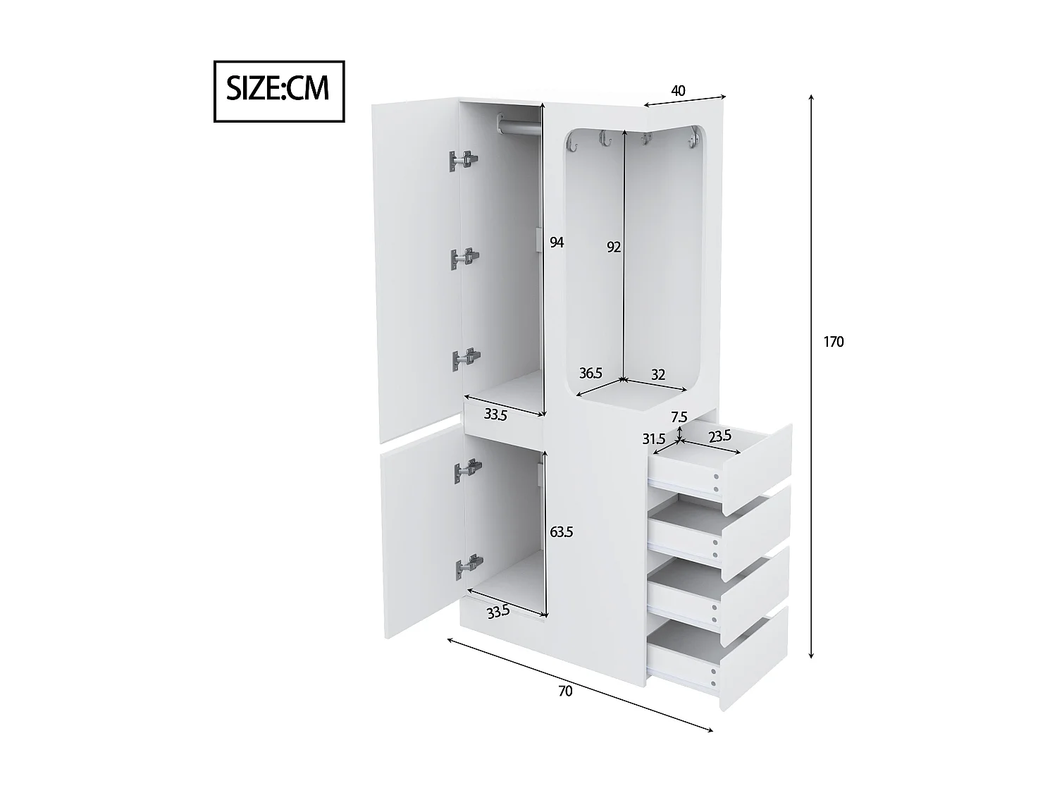 Guarda-roupa - 70 x 40 x 170 cm - com 4 gavetas + 2 portas + espaço aberto para roupas - madeira - branco