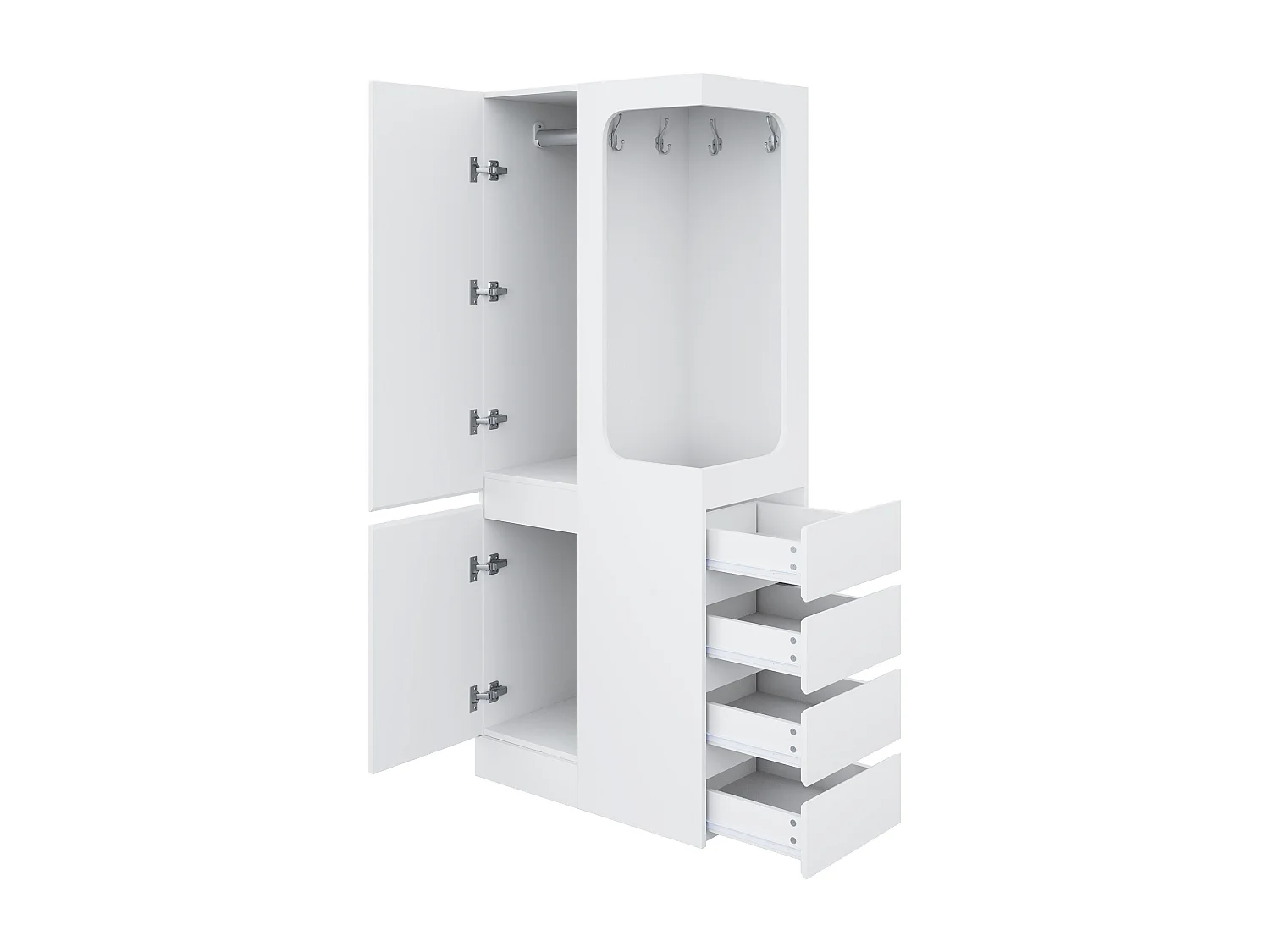 Guarda-roupa - 70 x 40 x 170 cm - com 4 gavetas + 2 portas + espaço aberto para roupas - madeira - branco