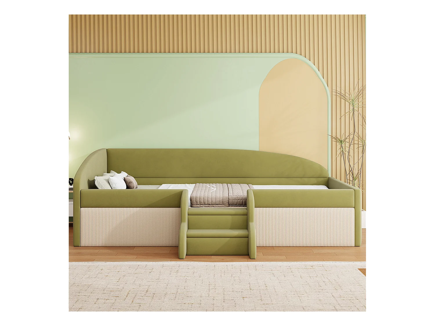 Sofa tapicerowana z funkcją spania - 90 x 190 cm - ze stopniami i barierkami - welur - bez materaca - ciemnozielona + kremowo-biała