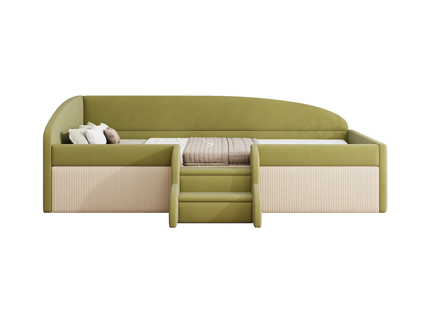 Sofa tapicerowana z funkcją spania - 90 x 190 cm - ze stopniami i barierkami - welur - bez materaca - ciemnozielona + kremowo-biała