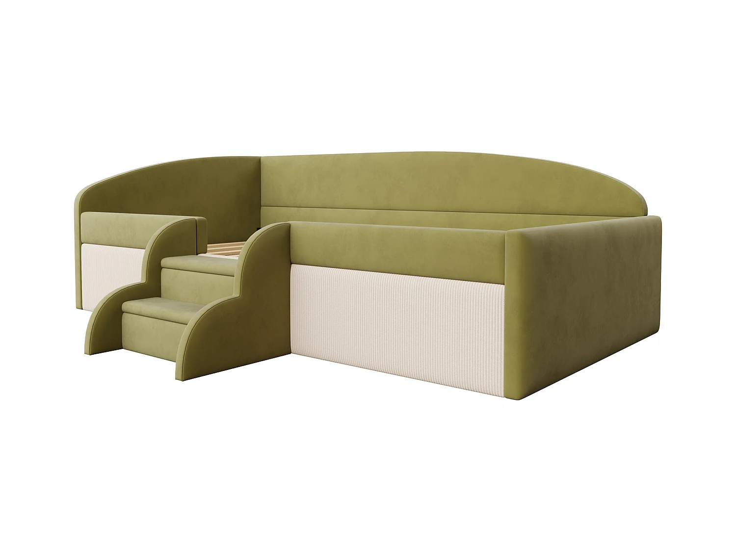 Sofa tapicerowana z funkcją spania - 90 x 190 cm - ze stopniami i barierkami - welur - bez materaca - ciemnozielona + kremowo-biała