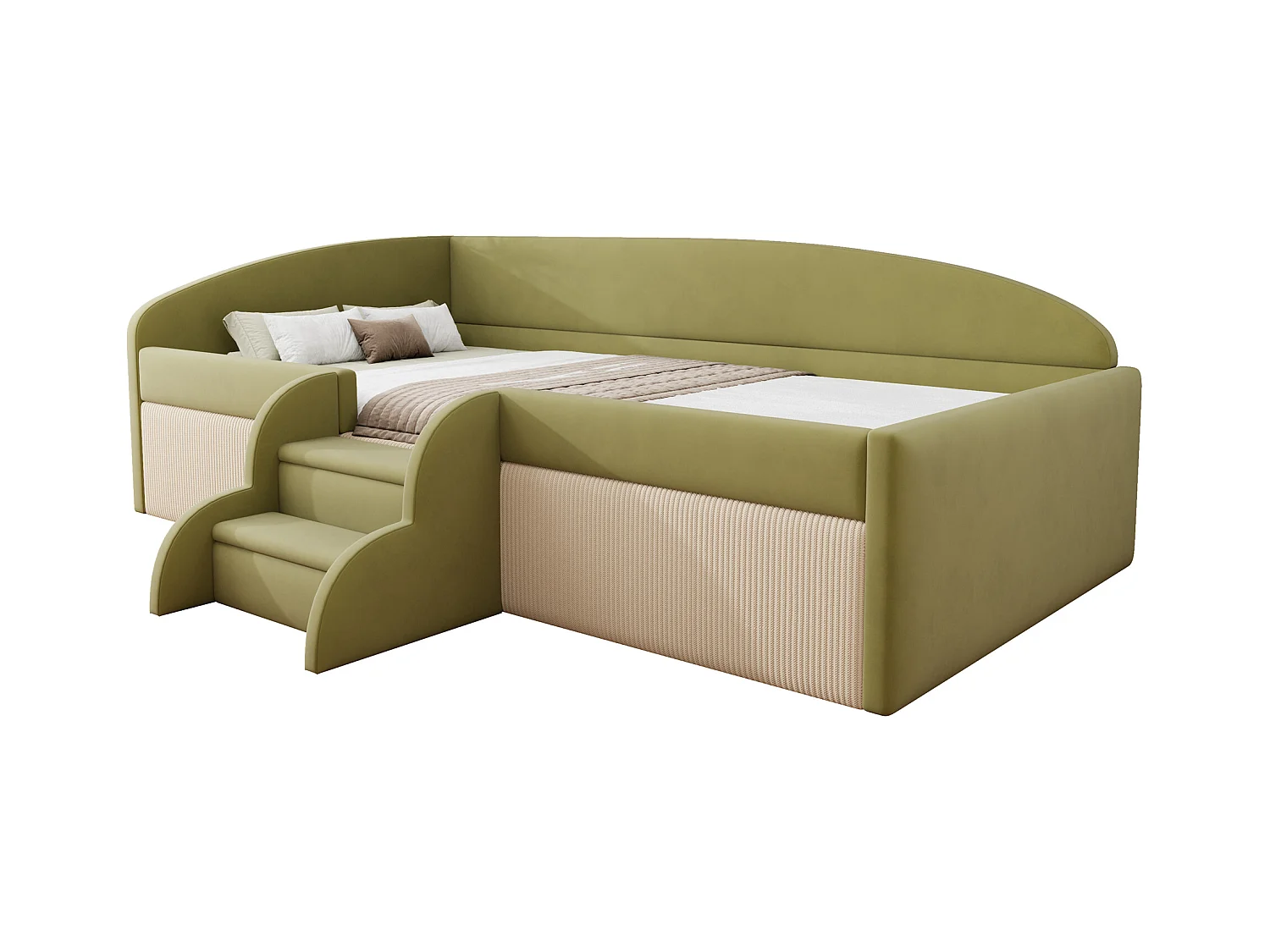 Sofa tapicerowana z funkcją spania - 90 x 190 cm - ze stopniami i barierkami - welur - bez materaca - ciemnozielona + kremowo-biała