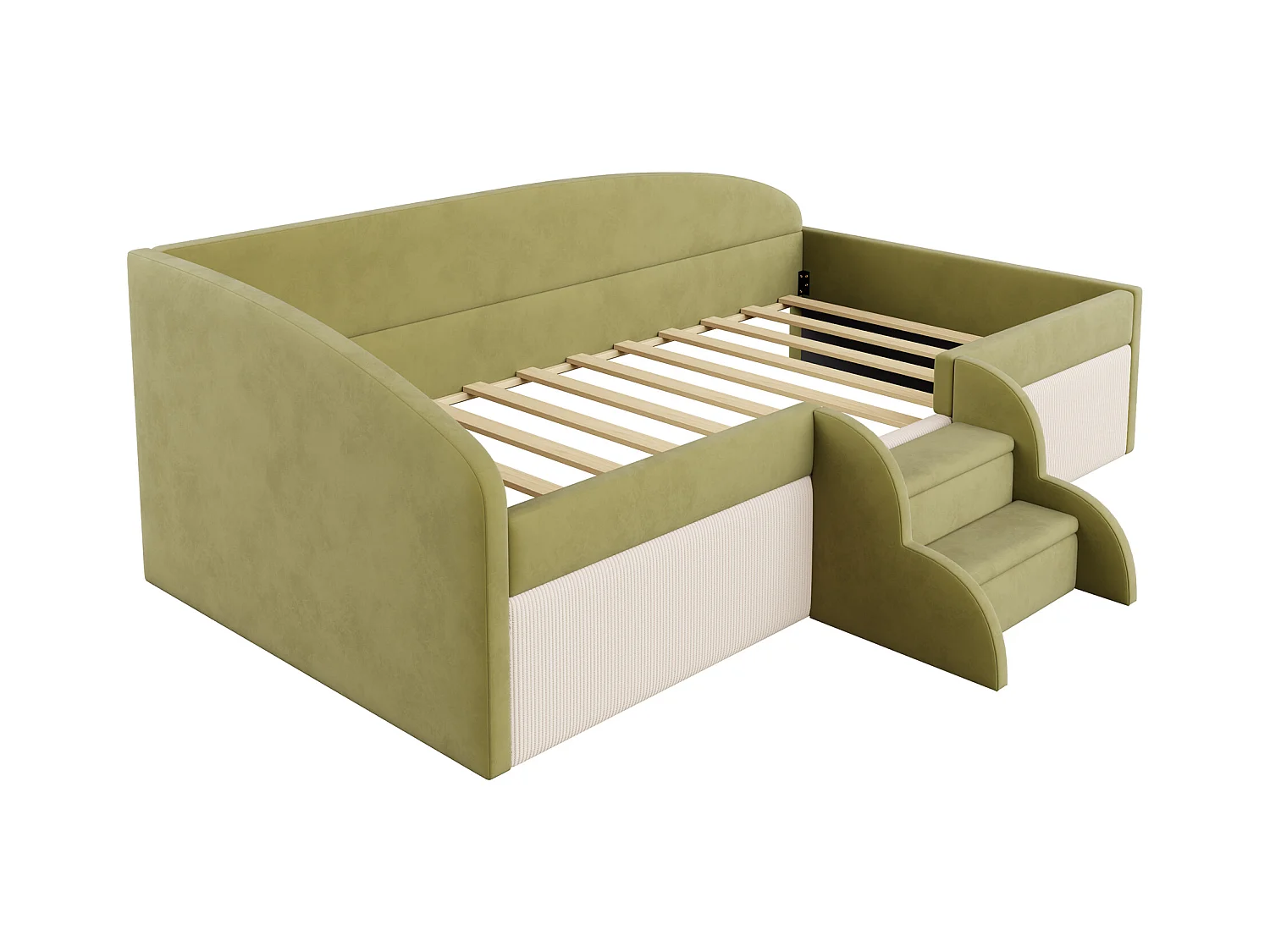 Sofa tapicerowana z funkcją spania - 90 x 190 cm - ze stopniami i barierkami - welur - bez materaca - ciemnozielona + kremowo-biała