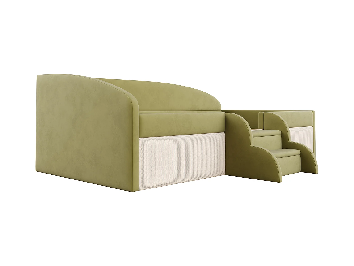 Sofa tapicerowana z funkcją spania - 90 x 190 cm - ze stopniami i barierkami - welur - bez materaca - ciemnozielona + kremowo-biała