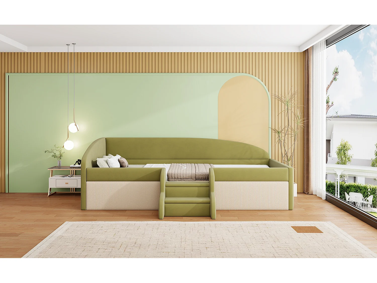 Polsterschlafsofa - 90 x 190 cm - mit Stufen und Schienen - Samt - ohne Matratze - dunkelgrün + cremeweiß