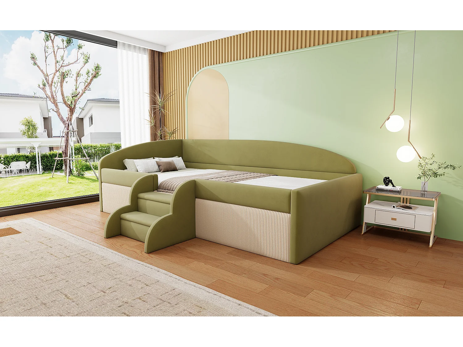 Polsterschlafsofa - 90 x 190 cm - mit Stufen und Schienen - Samt - ohne Matratze - dunkelgrün + cremeweiß