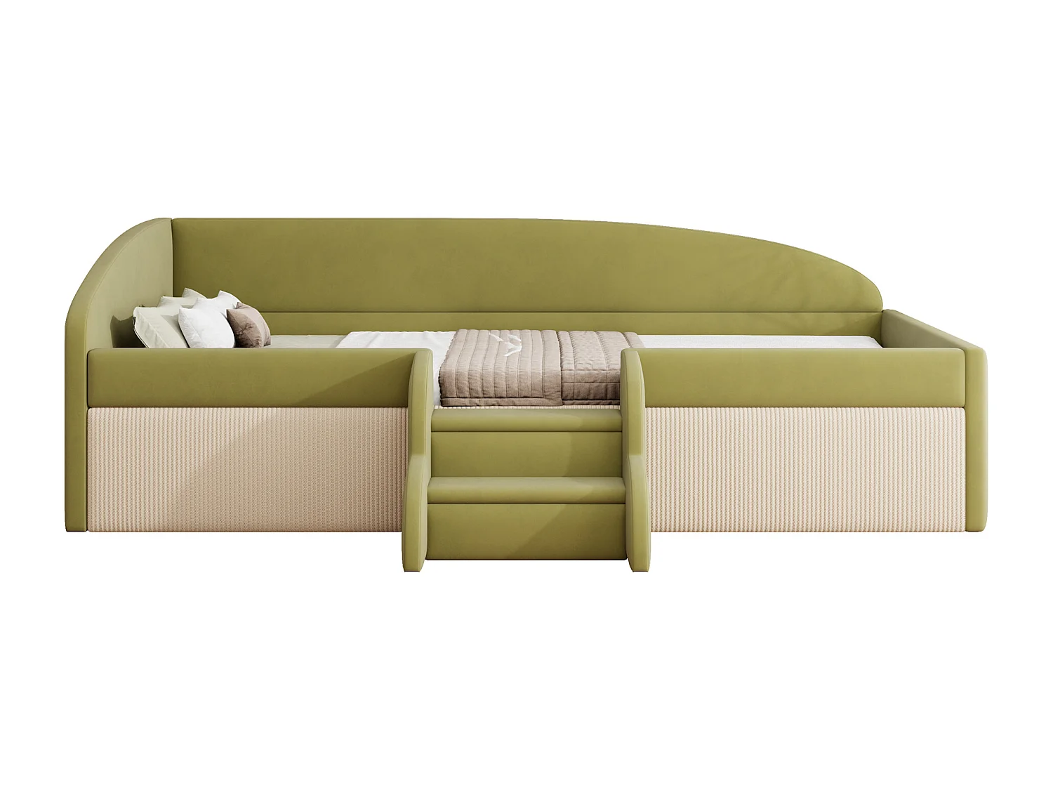 Polsterschlafsofa - 90 x 190 cm - mit Stufen und Schienen - Samt - ohne Matratze - dunkelgrün + cremeweiß