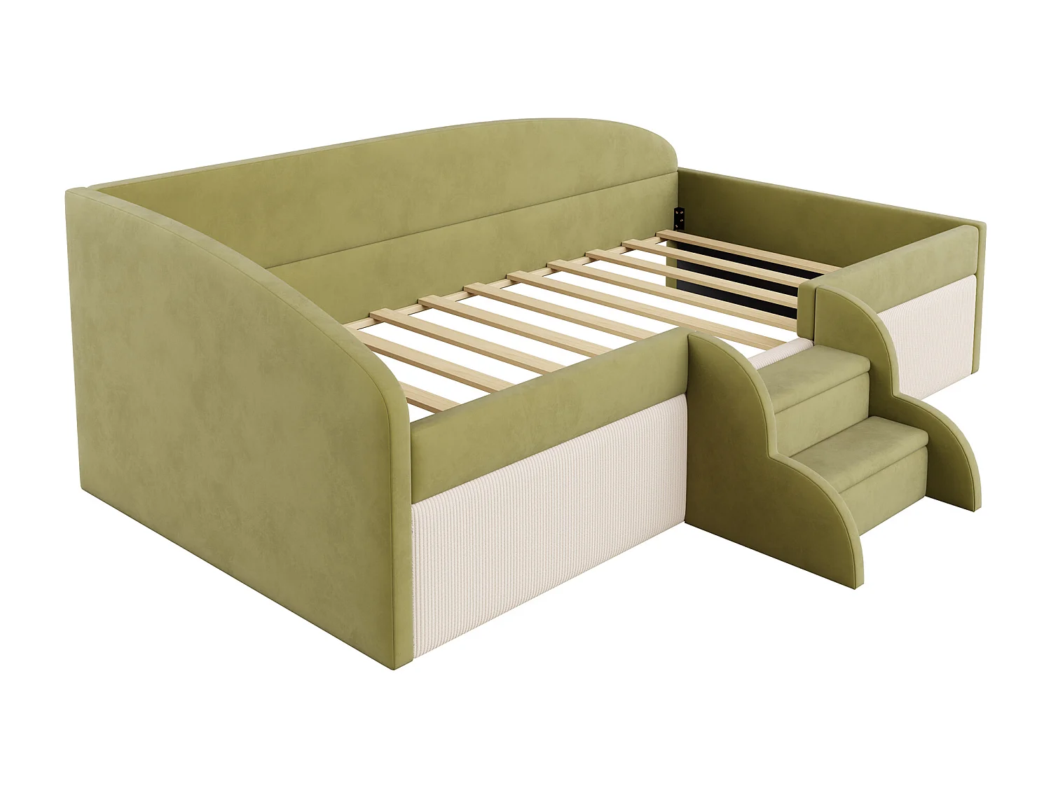 Polsterschlafsofa - 90 x 190 cm - mit Stufen und Schienen - Samt - ohne Matratze - dunkelgrün + cremeweiß