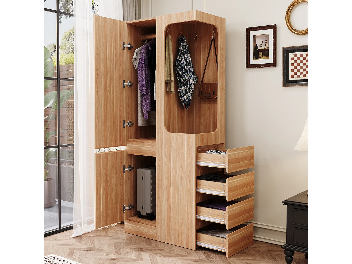 Kleiderschrank - 70 x 40 x 170 cm - mit 4 Schubladen + 2 Türen + offenem Kleiderfach - Holz - natur