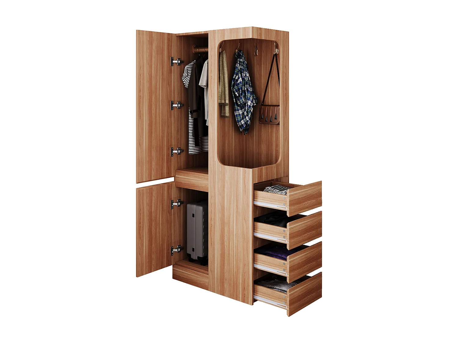 Kleiderschrank - 70 x 40 x 170 cm - mit 4 Schubladen + 2 Türen + offenem Kleiderfach - Holz - natur