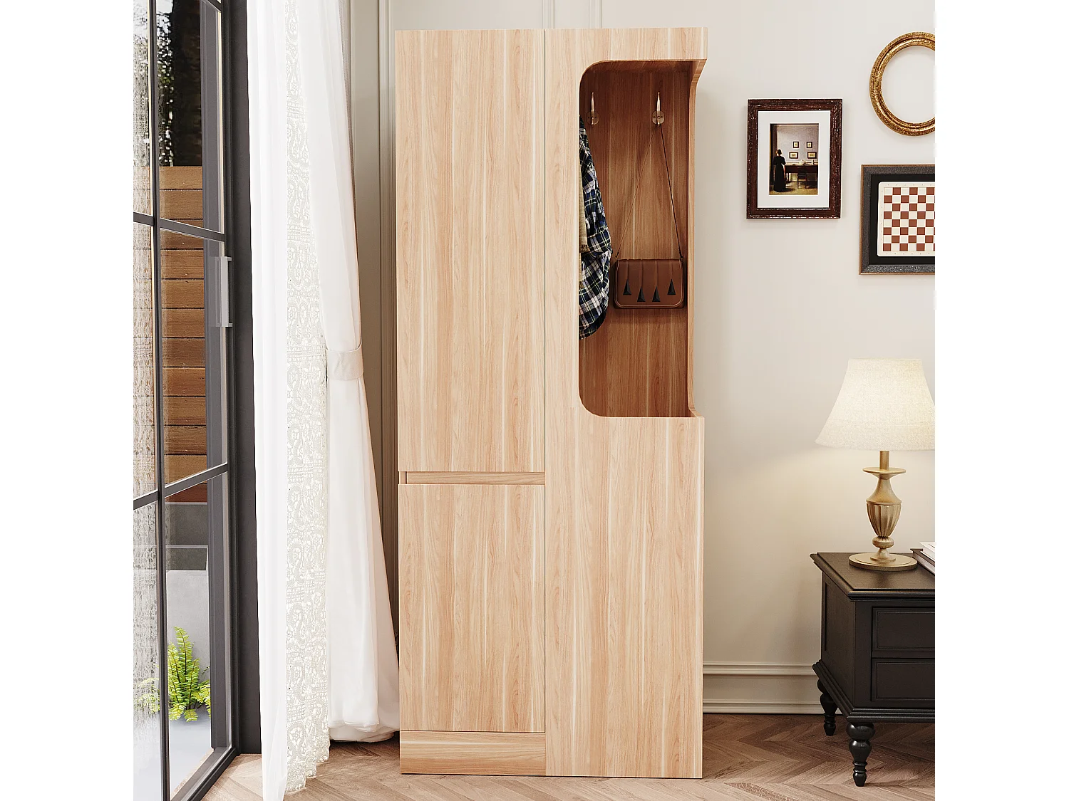 Armoire - 70 x 40 x 170 cm - avec 4 tiroirs + 2 portes + espace vêtements ouvert - bois - naturel