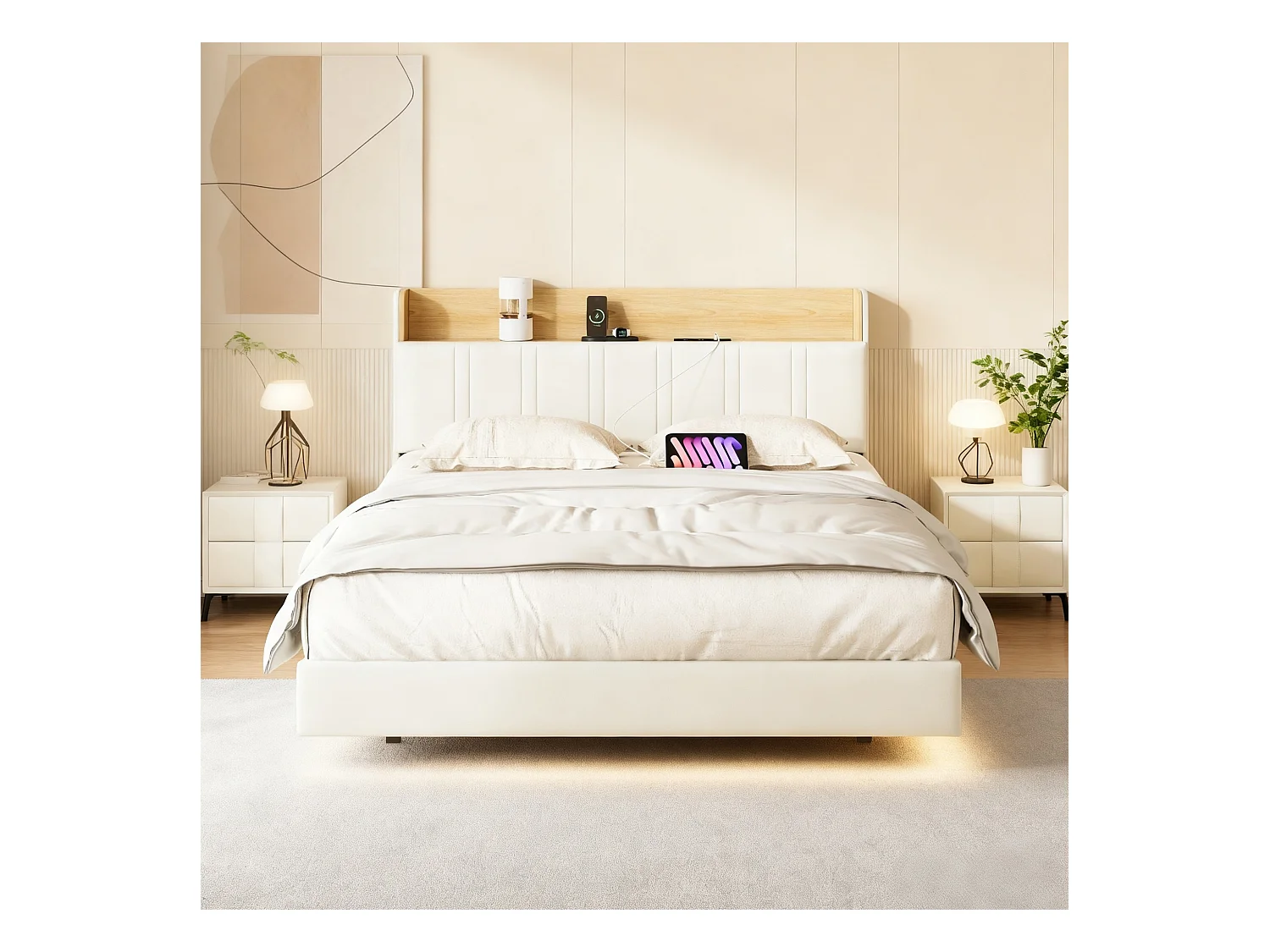 Lit 140x190 cm avec LED et USB - lit adulte 140x190 cm - cadre de lit double 140x190 cm avec sommier à lattes - lit flottement 140x190 cm - tissu en PU - beige