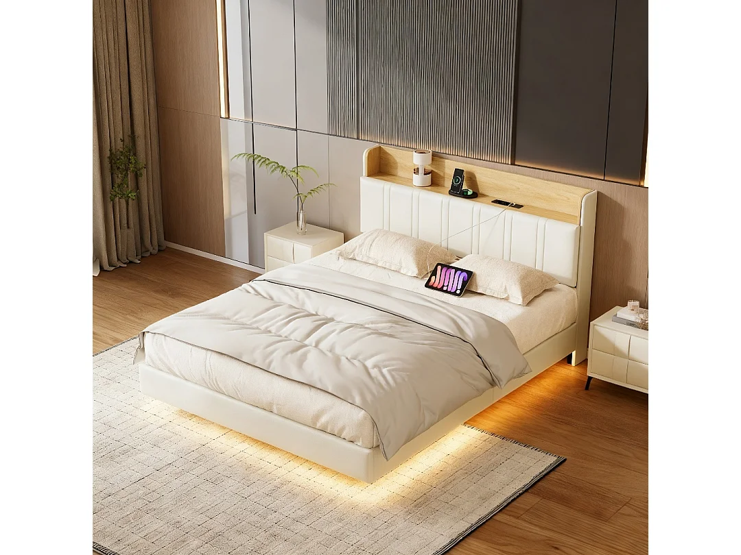 Lit 140x190 cm avec LED et USB - lit adulte 140x190 cm - cadre de lit double 140x190 cm avec sommier à lattes - lit flottement 140x190 cm - tissu en PU - beige
