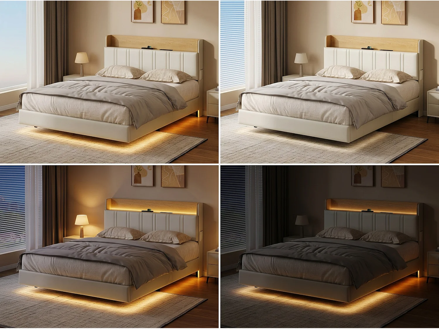 Lit flottant 140x190 cm en PU beige - Lit adulte double avec sommier à lattes, éclairage LED intégré et port USB