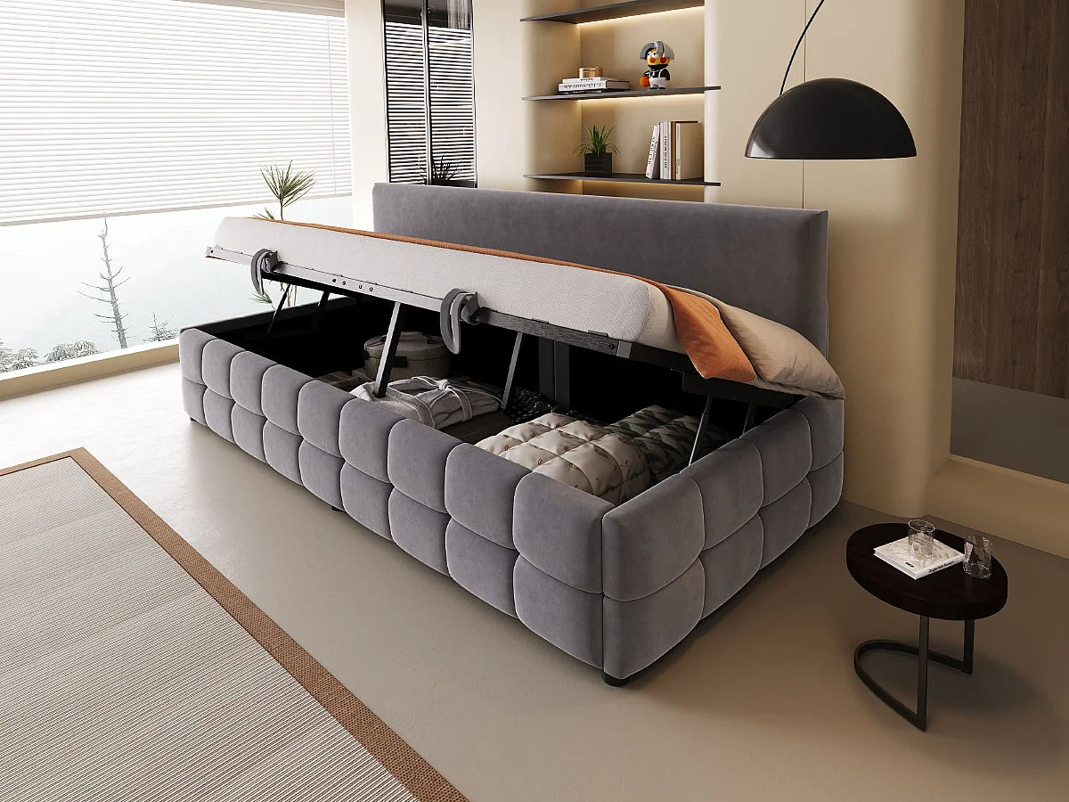 Canapé-lit rembourré - 90 x 200 cm - avec rangement hydraulique + dossier sans accoudoirs - velours - gris foncé