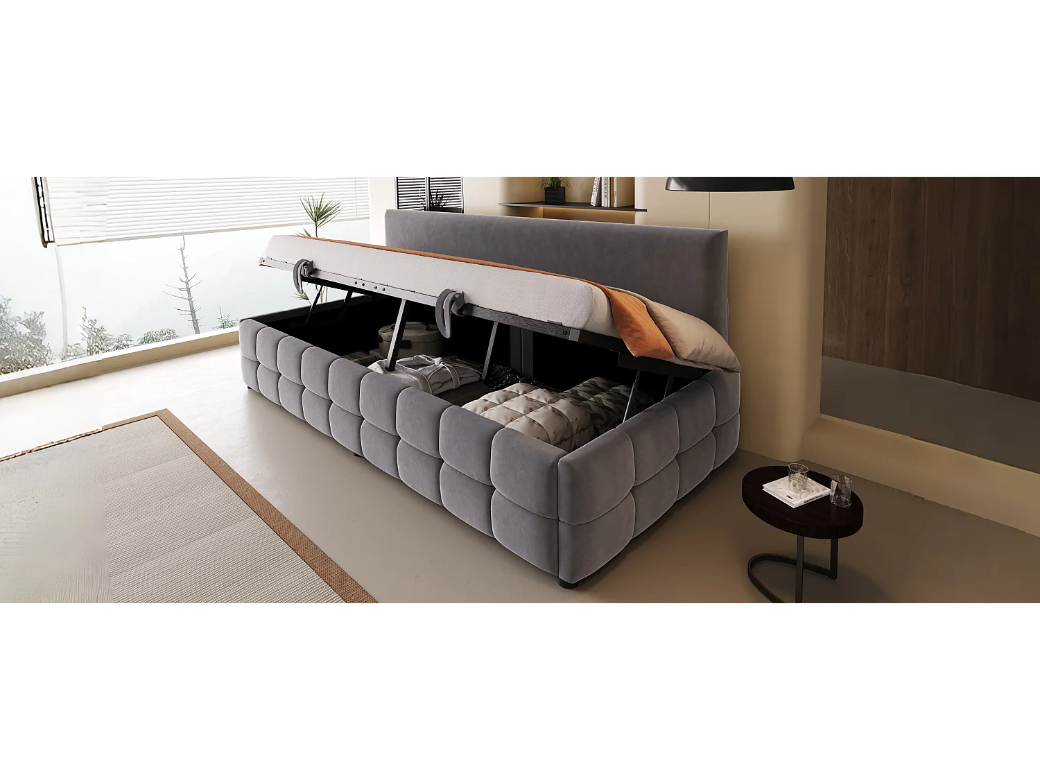 Canapé-lit rembourré - 90 x 200 cm - avec rangement hydraulique + dossier sans accoudoirs - velours - gris foncé