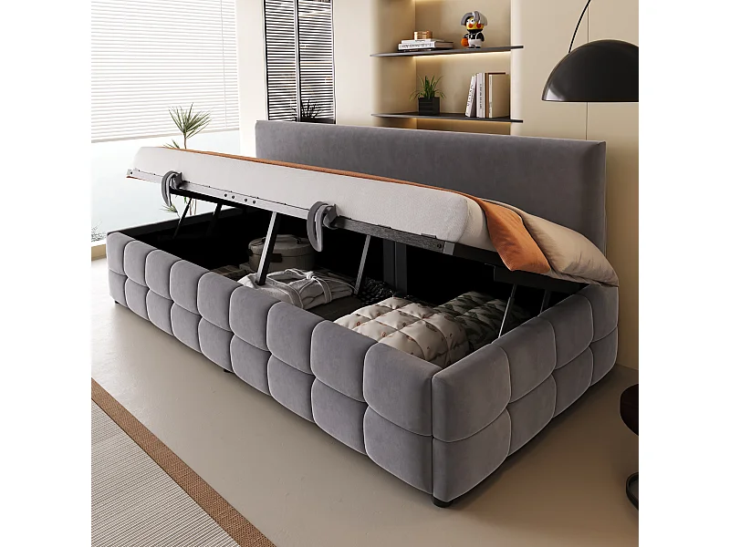 Sofá cama tapizado - 90 x 200 cm - con almacenaje hidráulico + respaldo sin brazos - terciopelo - gris oscuro