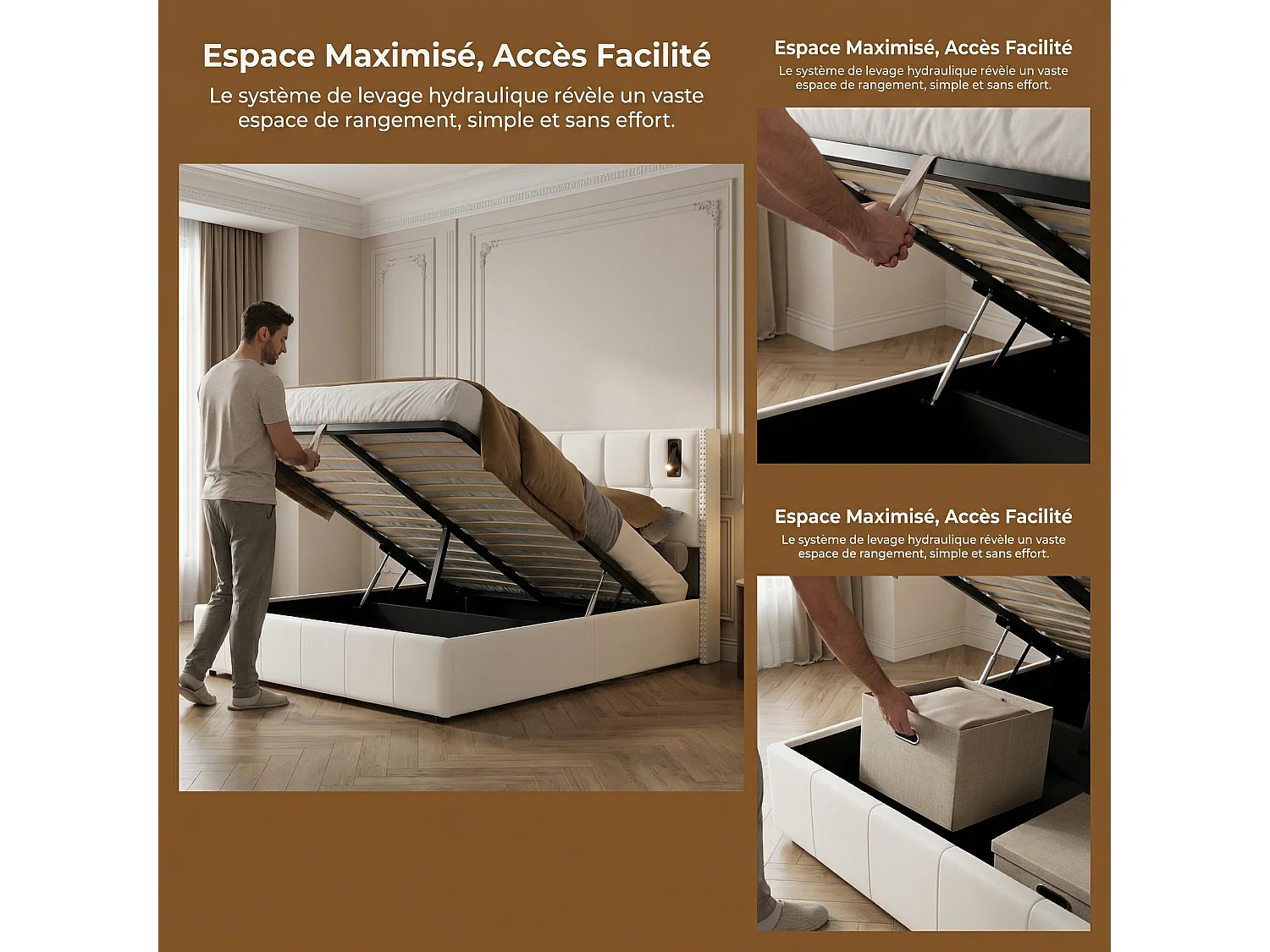 Lit coffre capitonné 140 x 200 cm avec sommier à lattes – Éclairage LED et ports USB intégrés – Velours beige