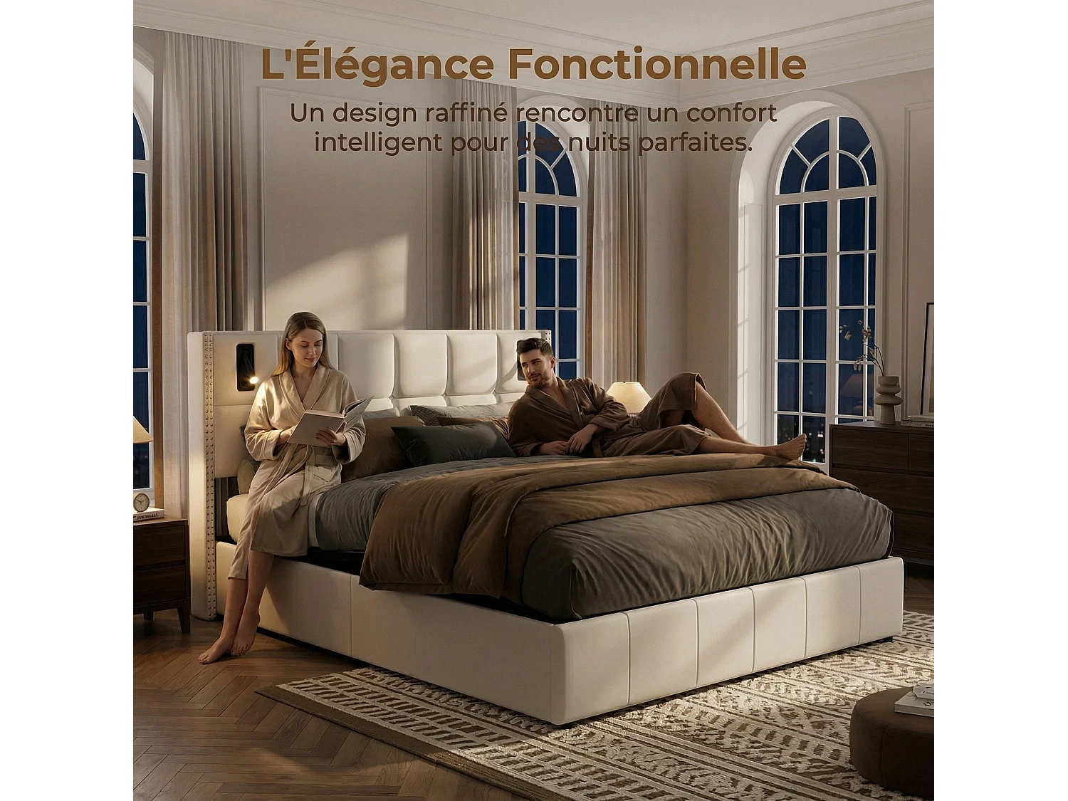 Lit coffre capitonné 140 x 200 cm avec sommier à lattes – Éclairage LED et ports USB intégrés – Velours beige
