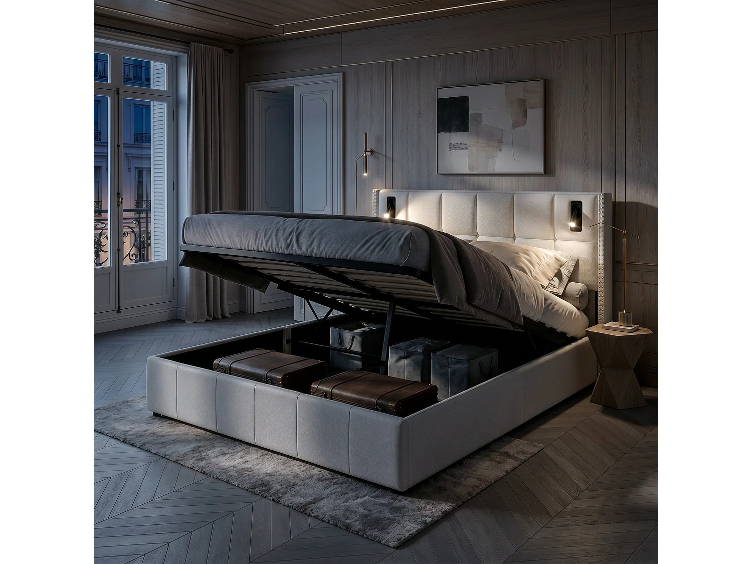 Lit coffre capitonné 140 x 200 cm avec sommier à lattes – Éclairage LED et ports USB intégrés – Velours beige
