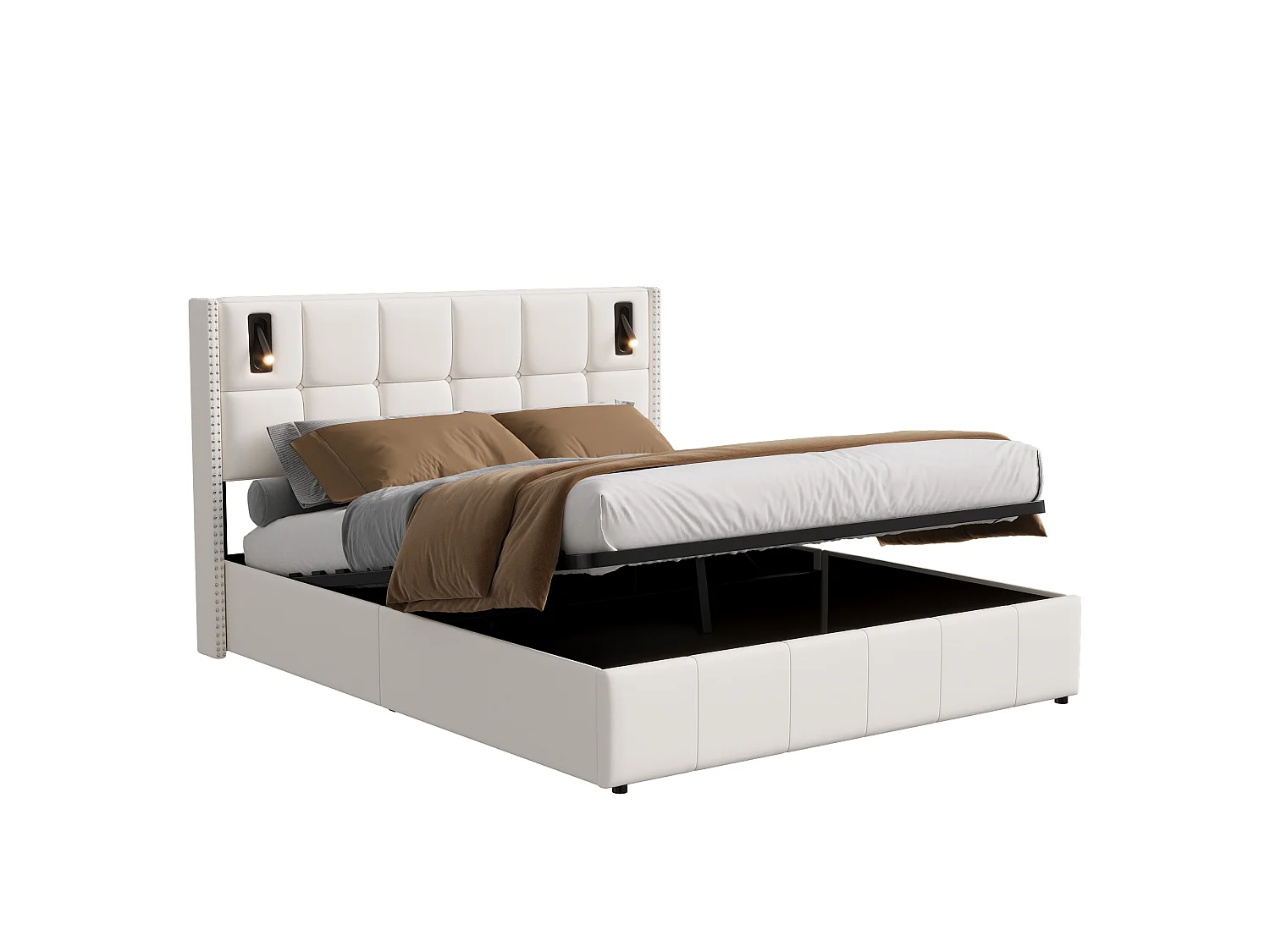 Lit coffre capitonné 140 x 200 cm avec sommier à lattes – Éclairage LED et ports USB intégrés – Velours beige