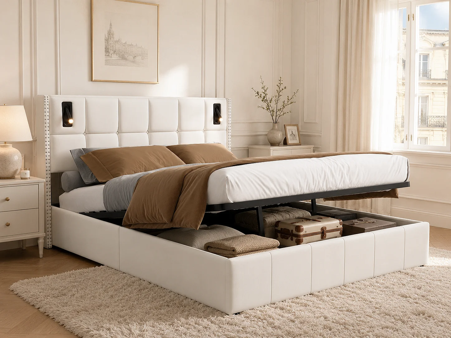 Lit coffre capitonné 140 x 200 cm avec sommier à lattes – Éclairage LED et ports USB intégrés – Velours beige