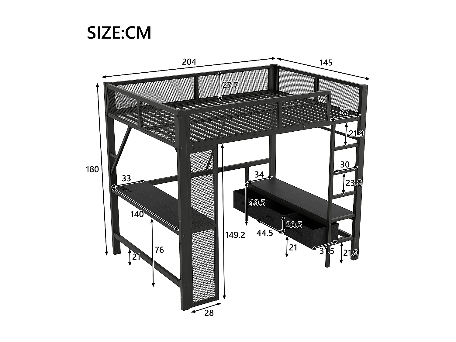 Lit mezzanine en métal enfant - 140 x 200 cm  - avec USB + Leds + bureau + armoire ouverte et 3 tiroirs - MDF + métal - noir