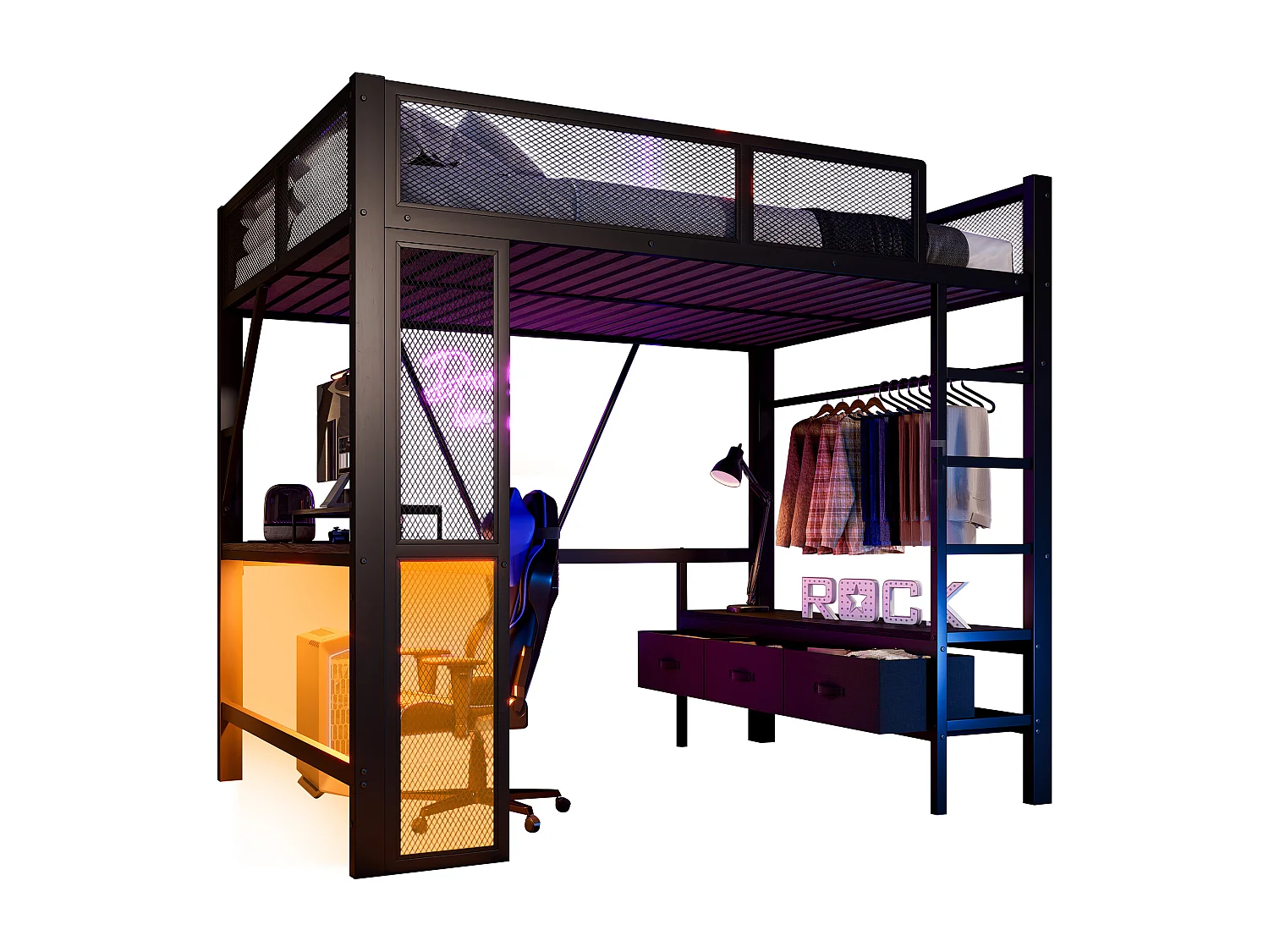 Lit mezzanine en métal enfant - 140 x 200 cm  - avec USB + Leds + bureau + armoire ouverte et 3 tiroirs - MDF + métal - noir