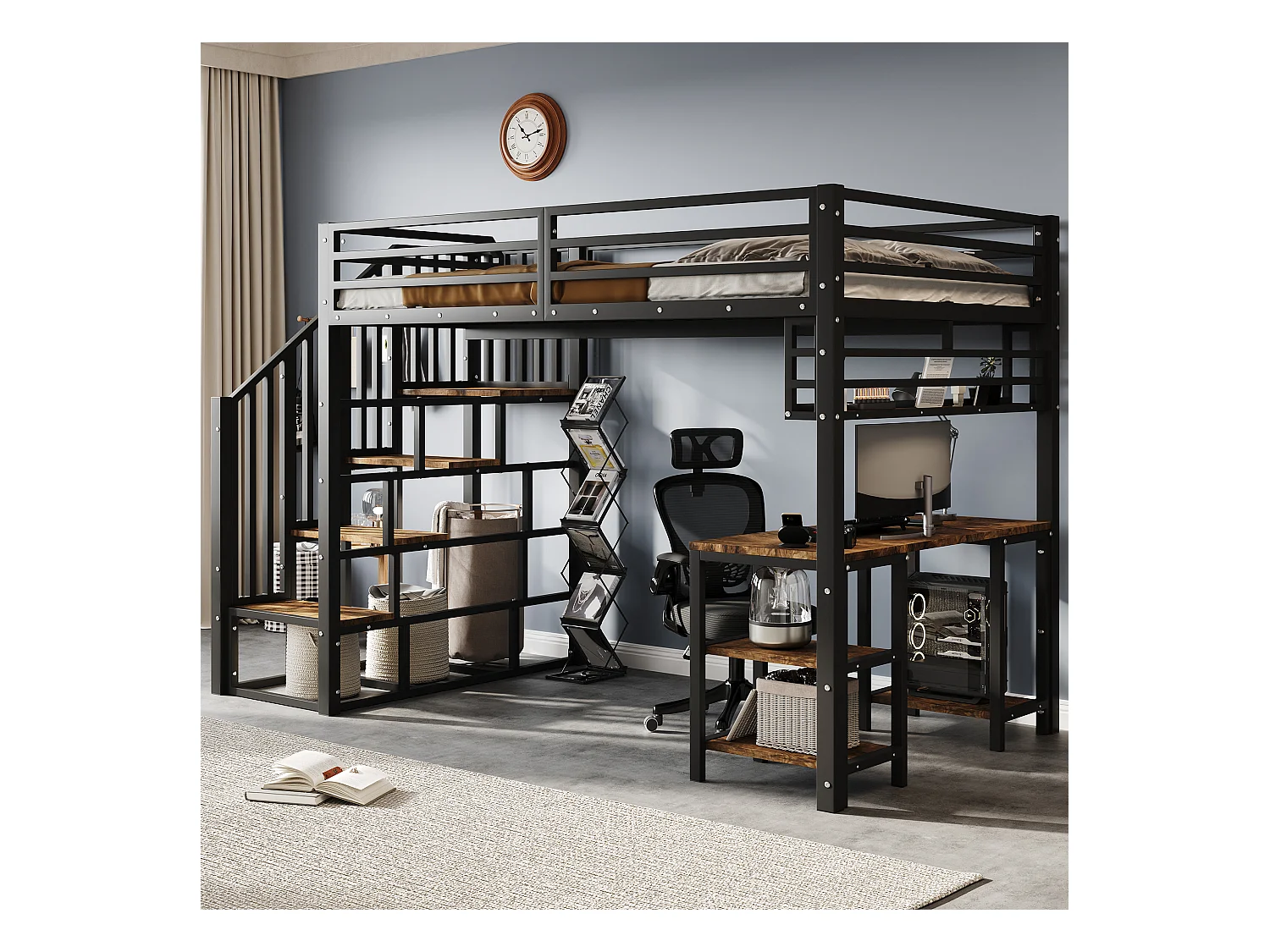 Lit mezzanine en fer - 120 x 200 cm - avec escalier de rangement + bureau et étagère - fer + aggloméré - noir