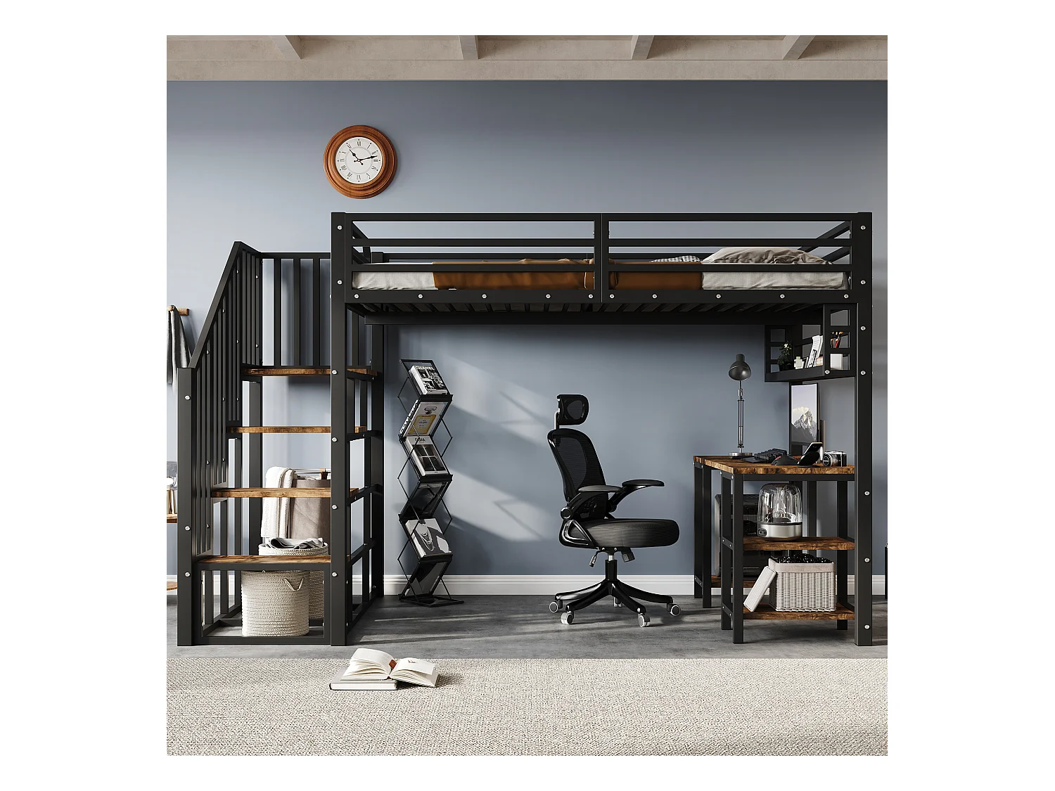 Eisenhochbett - 120 x 200 cm - mit Stauraumtreppe + Schreibtisch und Regal - Eisen + Spanplatte - schwarz