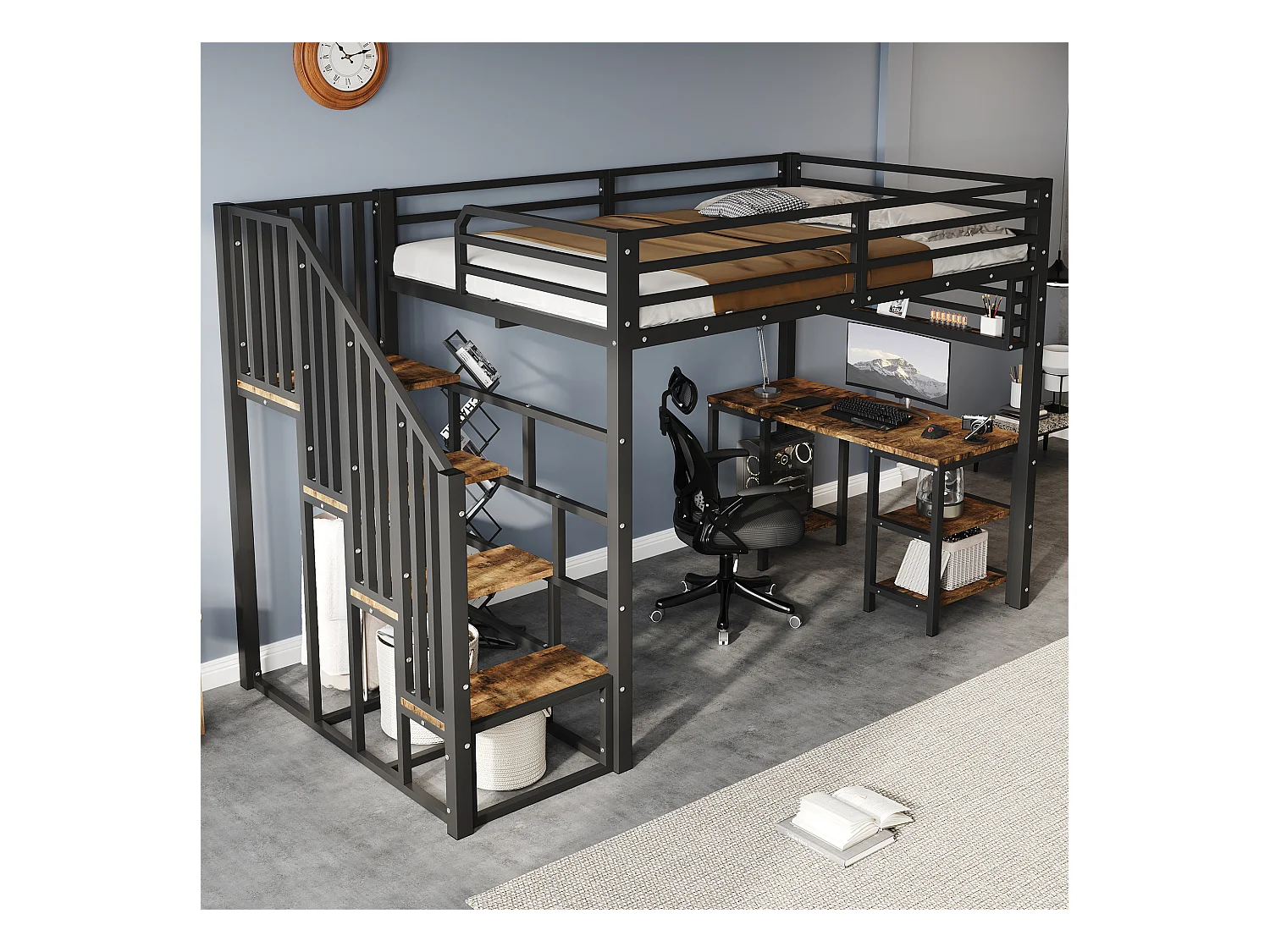 Eisenhochbett - 120 x 200 cm - mit Stauraumtreppe + Schreibtisch und Regal - Eisen + Spanplatte - schwarz