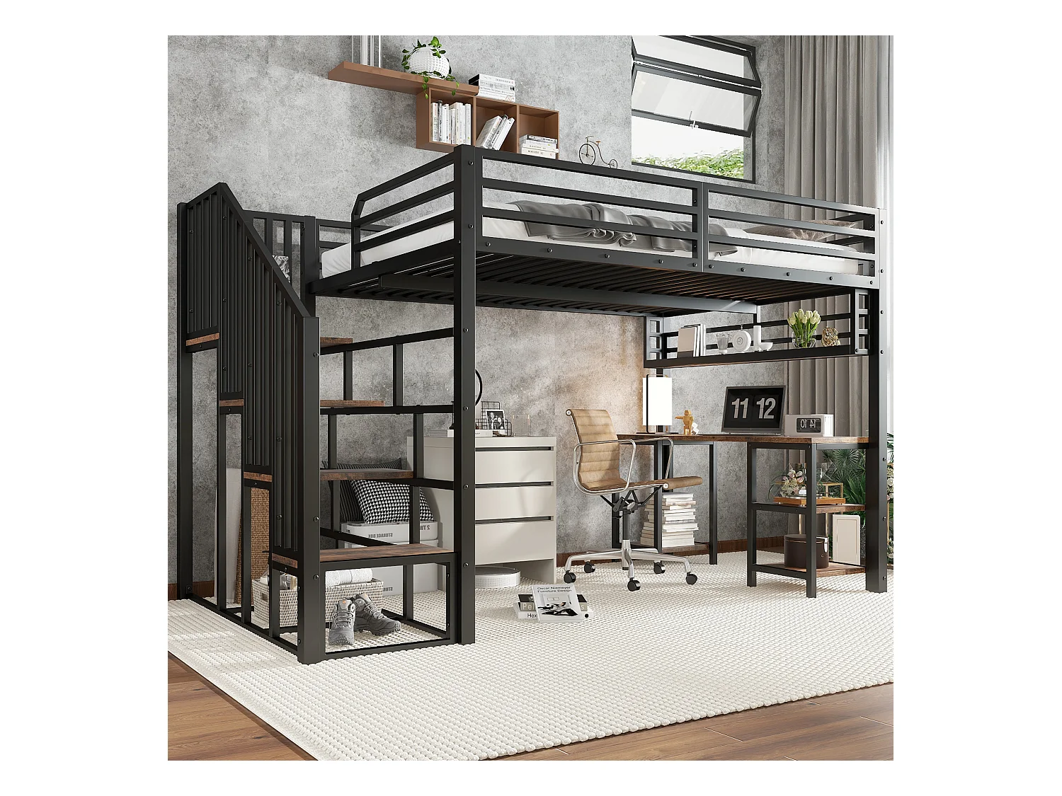 Eisenhochbett - 120 x 200 cm - mit Stauraumtreppe + Schreibtisch und Regal - Eisen + Spanplatte - schwarz