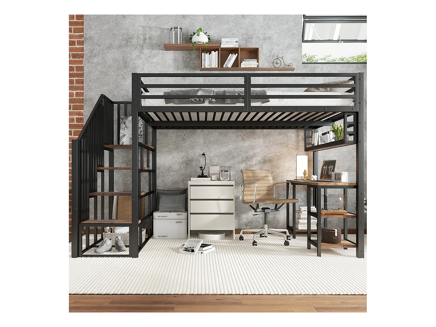 Eisenhochbett - 120 x 200 cm - mit Stauraumtreppe + Schreibtisch und Regal - Eisen + Spanplatte - schwarz