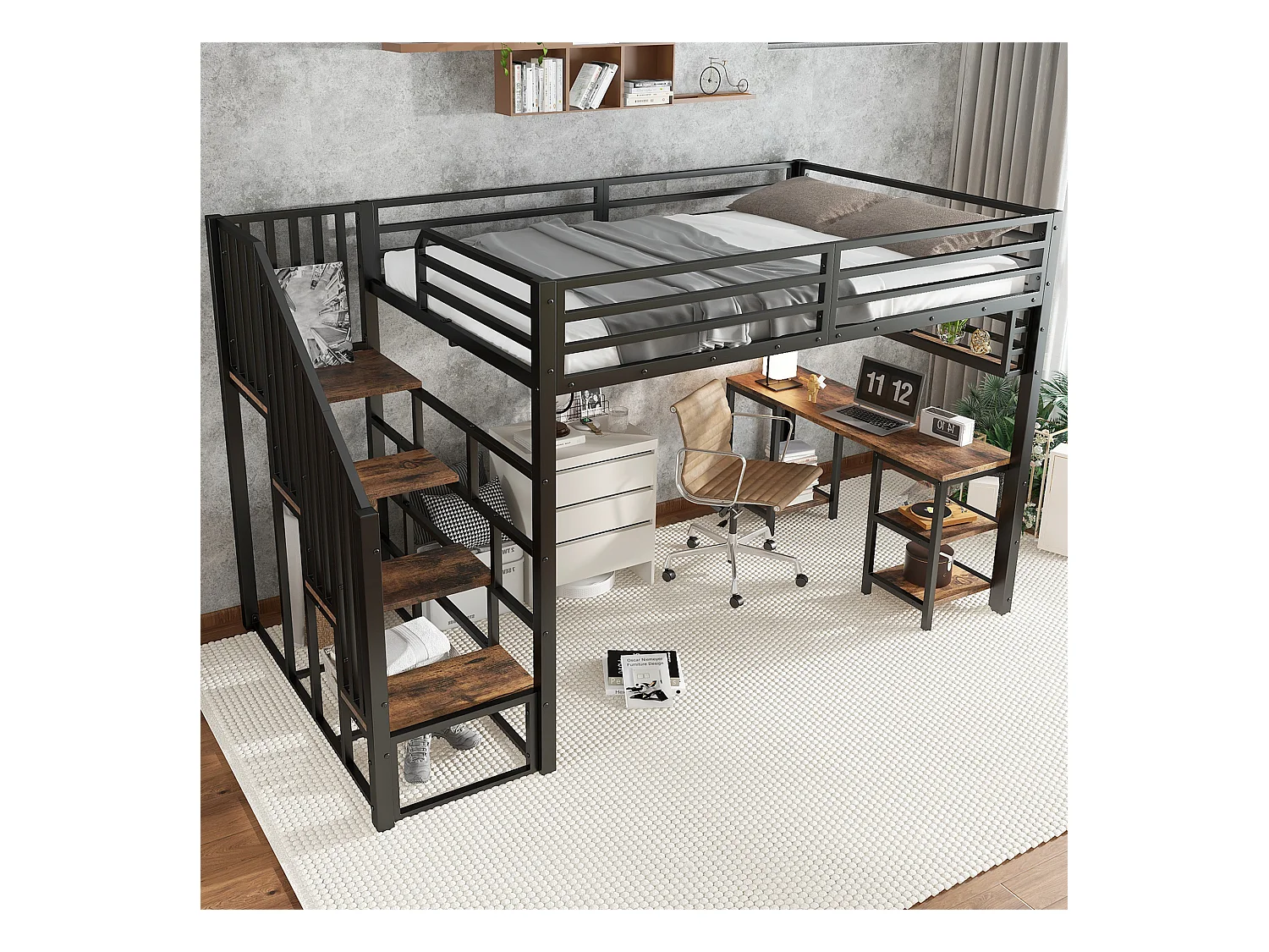 Eisenhochbett - 120 x 200 cm - mit Stauraumtreppe + Schreibtisch und Regal - Eisen + Spanplatte - schwarz
